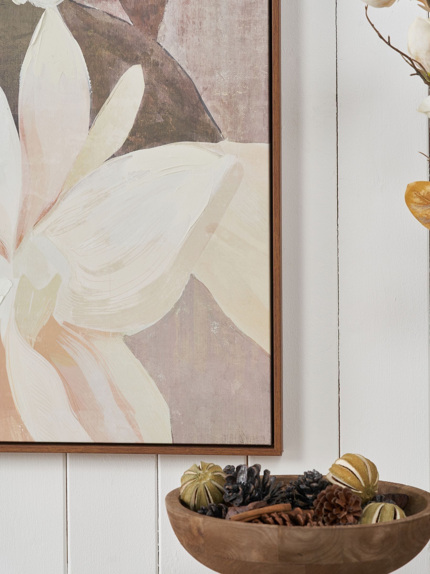 Floral canvas wall art white flowers muted background oak frame (British brand)