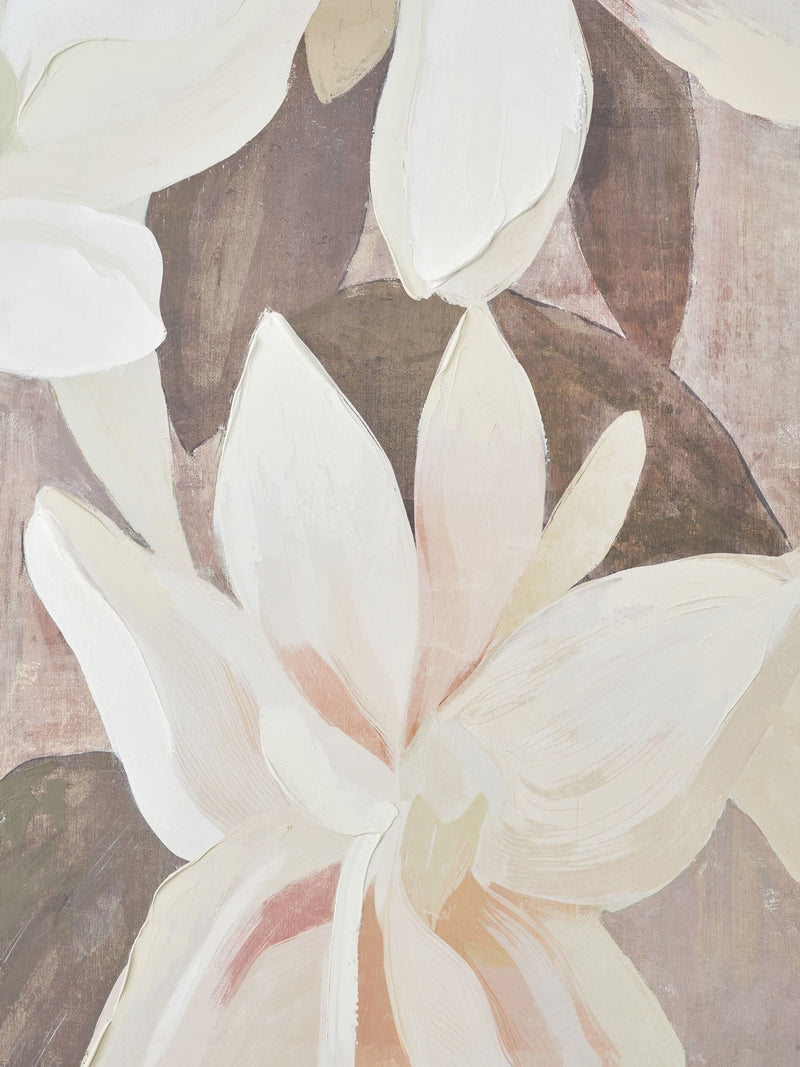 Floral canvas wall art white flowers muted background oak frame (British brand)