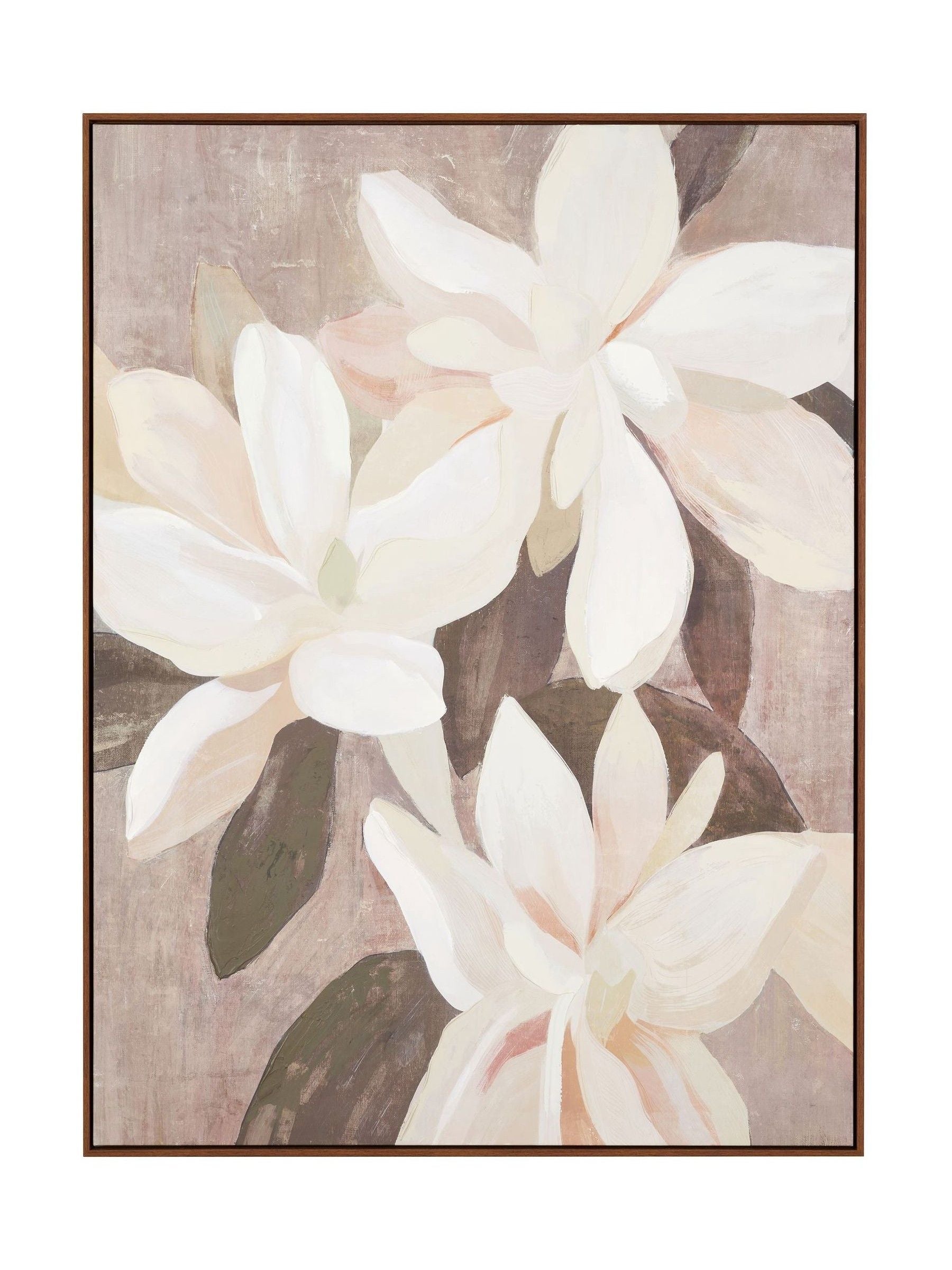 Floral canvas wall art white flowers muted background oak frame (British brand)
