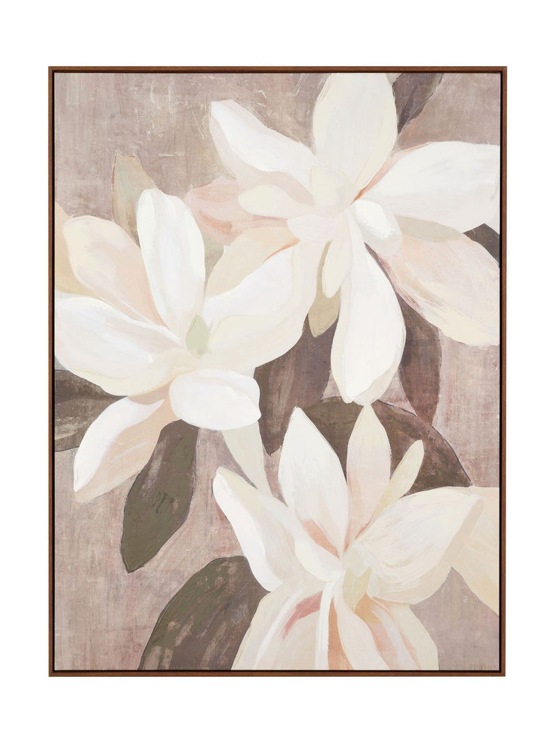 Floral canvas wall art white flowers muted background oak frame (British brand)