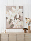 Floral canvas wall art white flowers muted background oak frame (British brand)