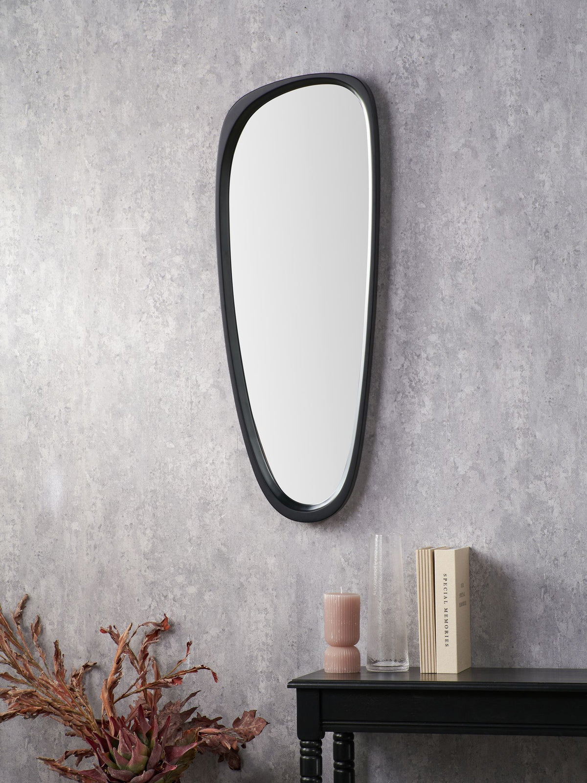 Pacific teardrop wall mirror black wood veneer 90cm, imported from the UK