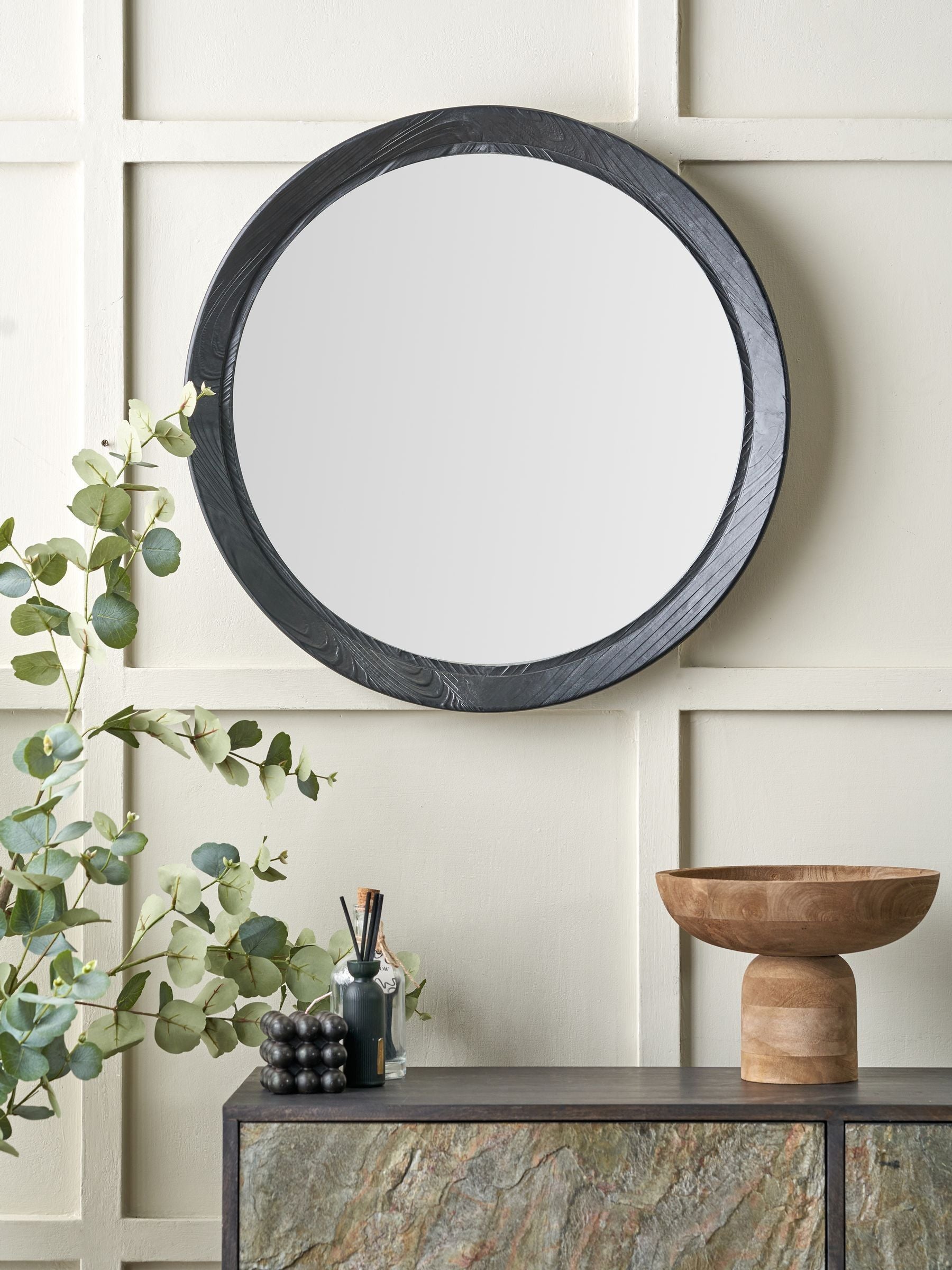 Pacific Black Elwood round wall mirror with fir wood effect, 65cm, imported from the UK