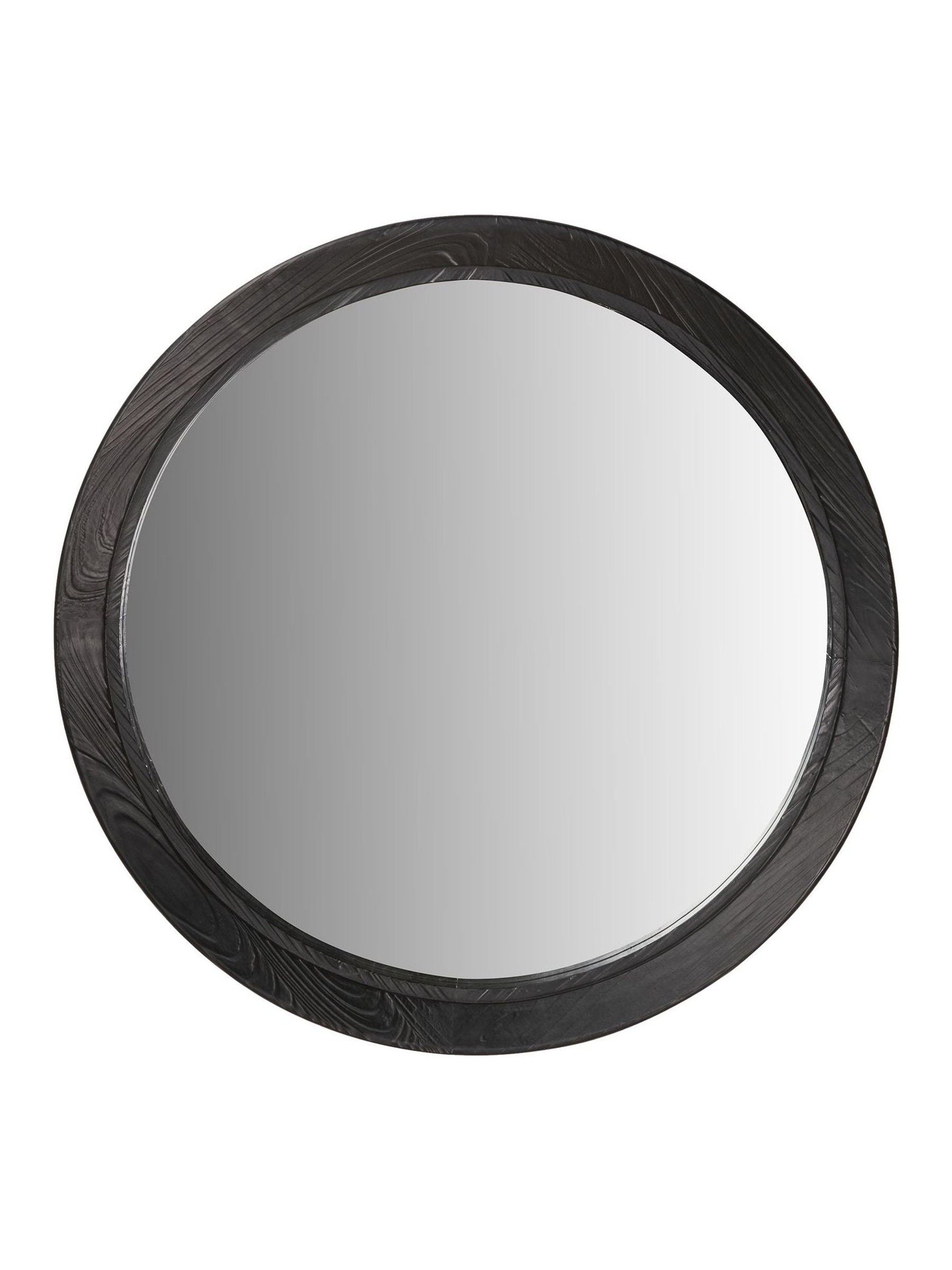 Pacific Black Elwood round wall mirror with fir wood effect, 65cm, imported from the UK