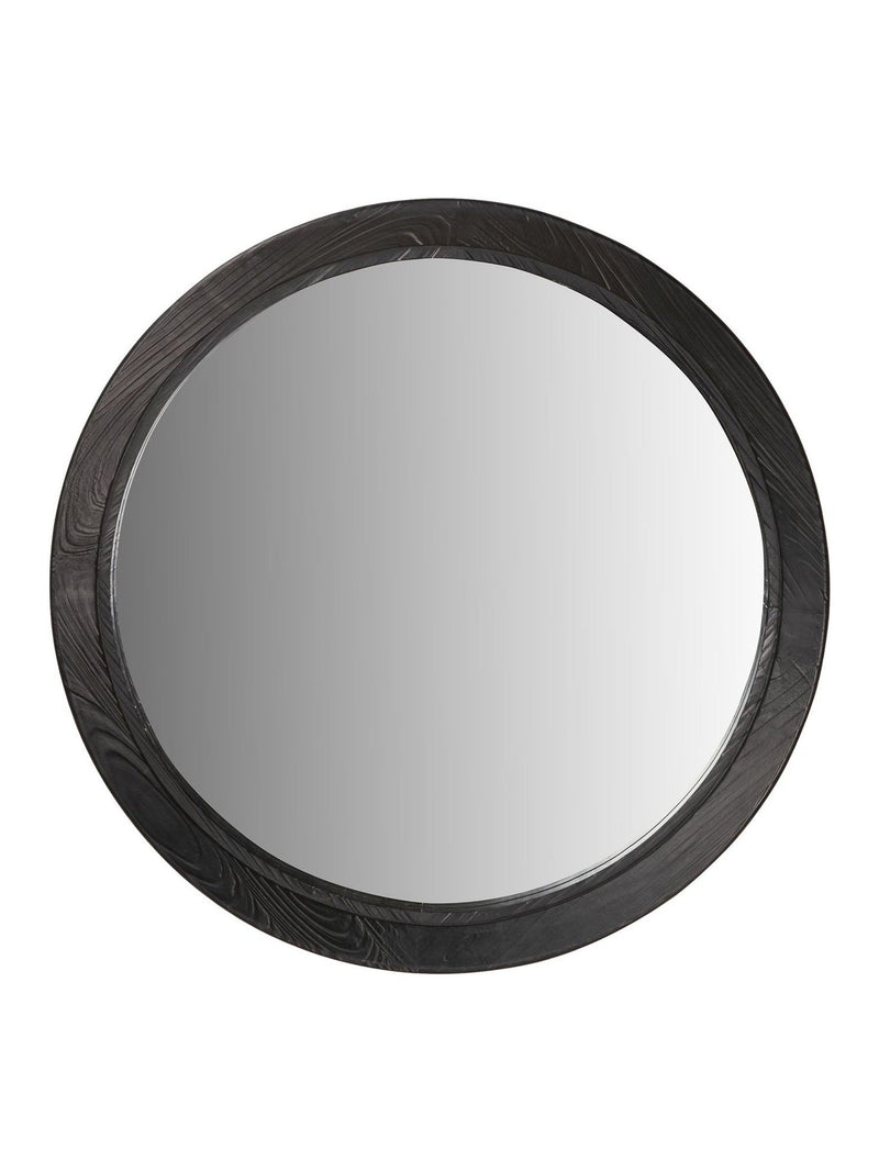 Pacific Black Elwood round wall mirror with fir wood effect, 65cm, imported from the UK