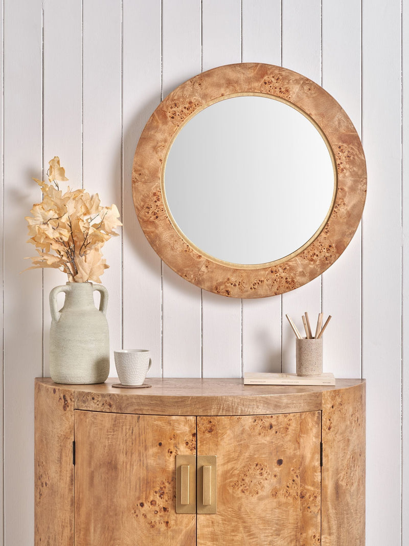 Pacific Natural Newborough round wall mirror with burr wood effect, UK version