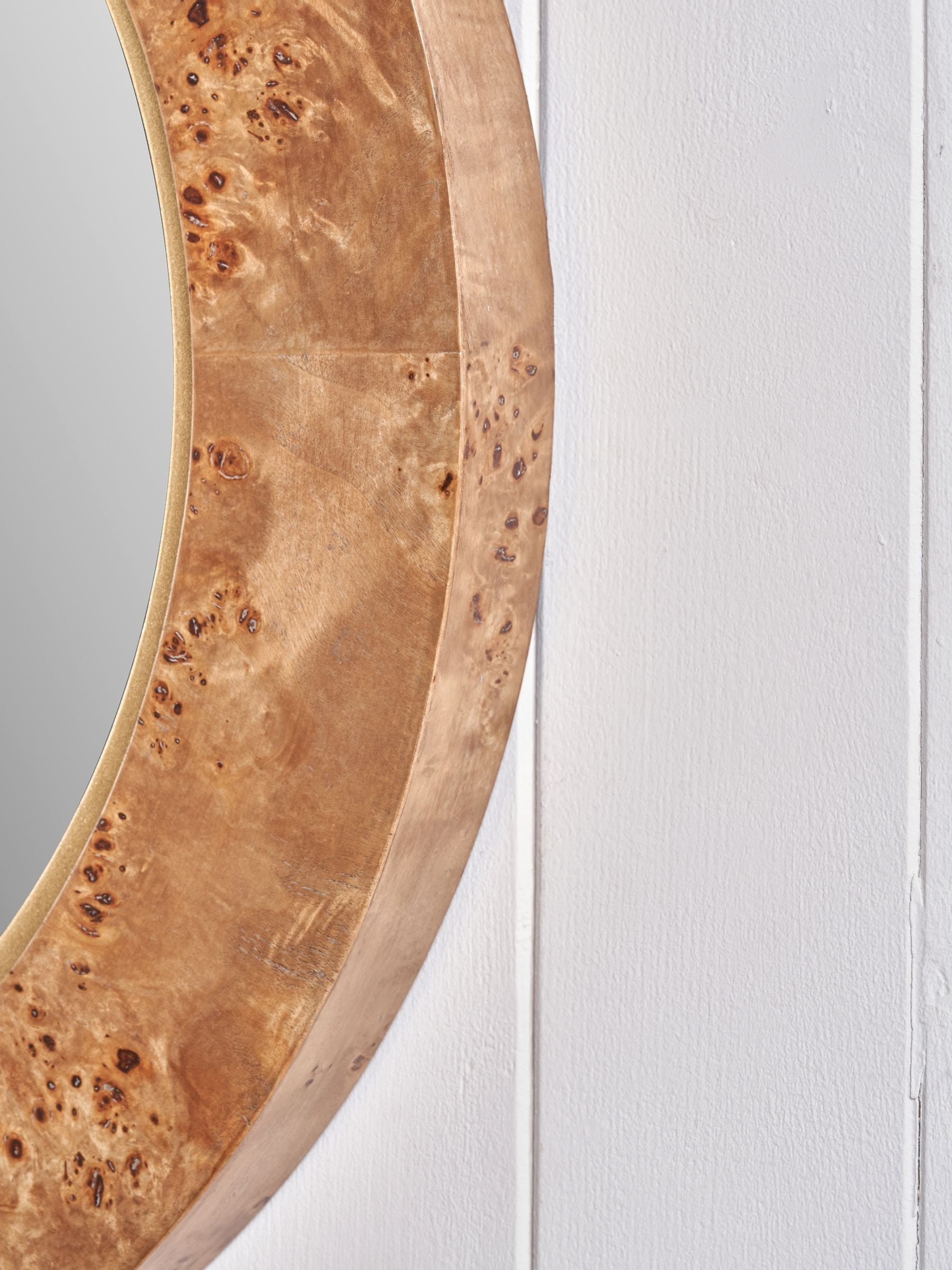 Pacific Natural Newborough round wall mirror with burr wood effect, UK version