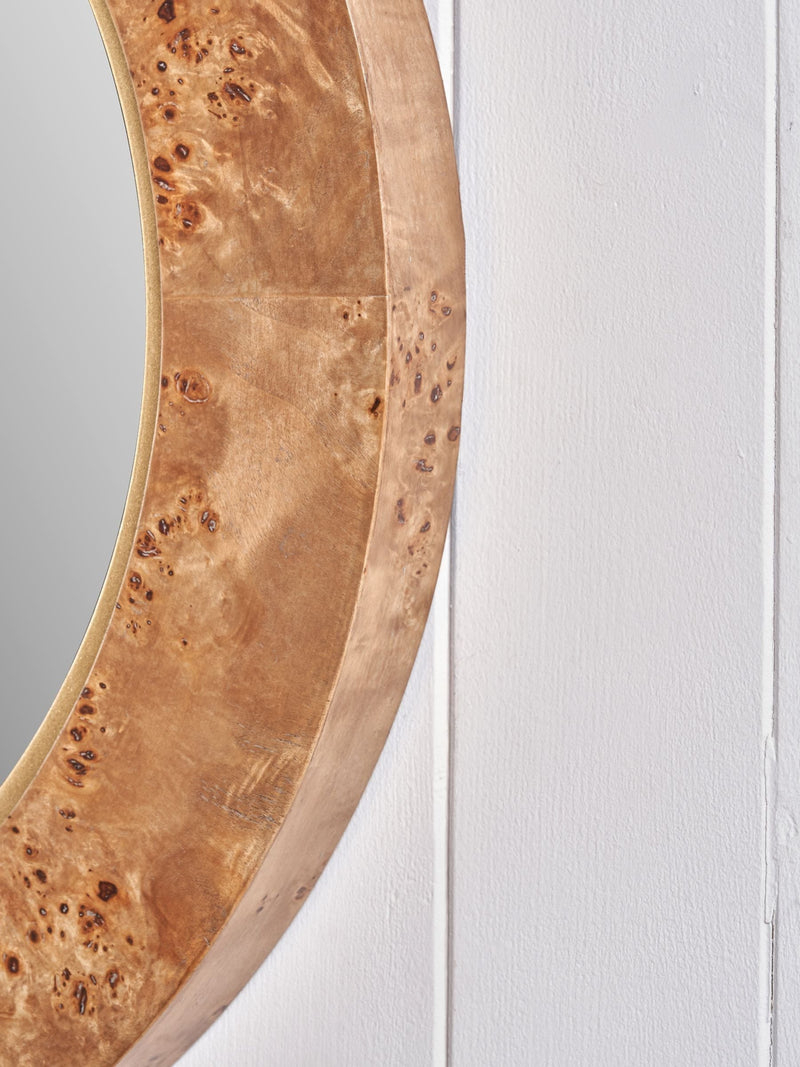 Pacific Natural Newborough round wall mirror with burr wood effect, UK version