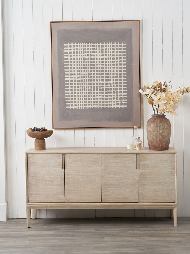 Pacific grid design canvas wall art with oak-effect frame, British brand