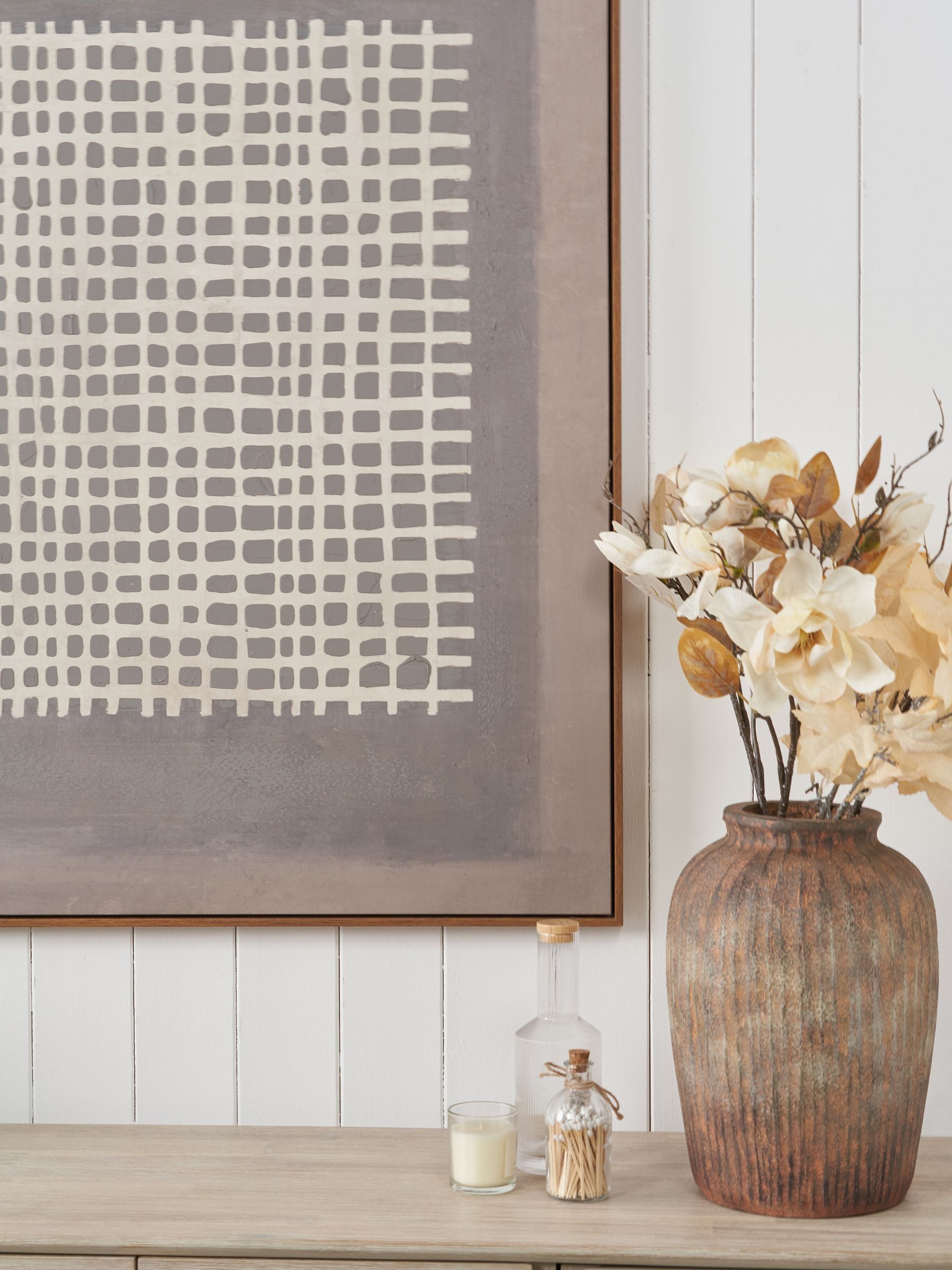Pacific grid design canvas wall art with oak-effect frame, British brand