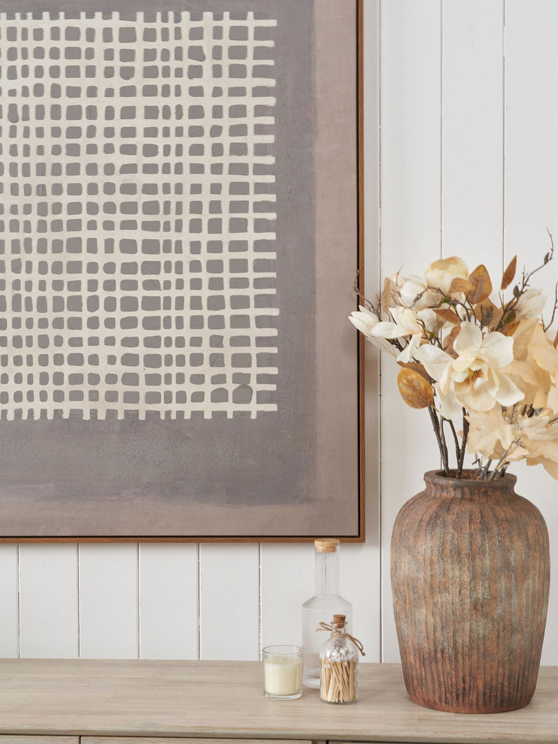 Pacific grid design canvas wall art with oak-effect frame, British brand