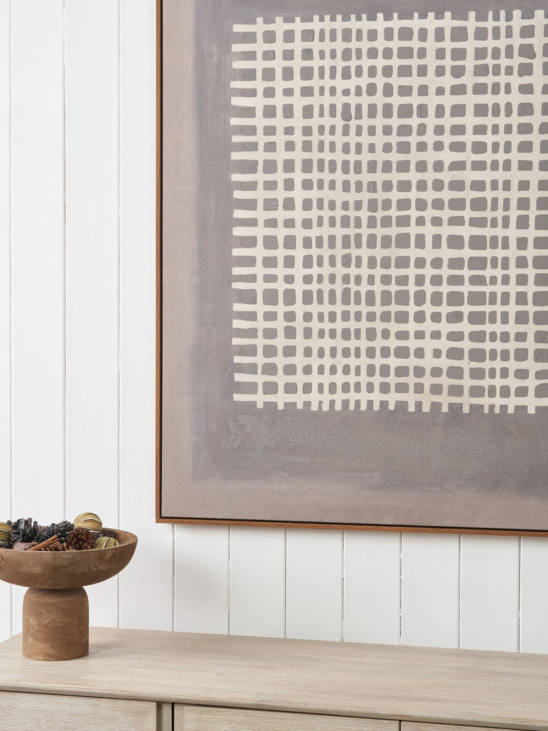 Pacific grid design canvas wall art with oak-effect frame, British brand