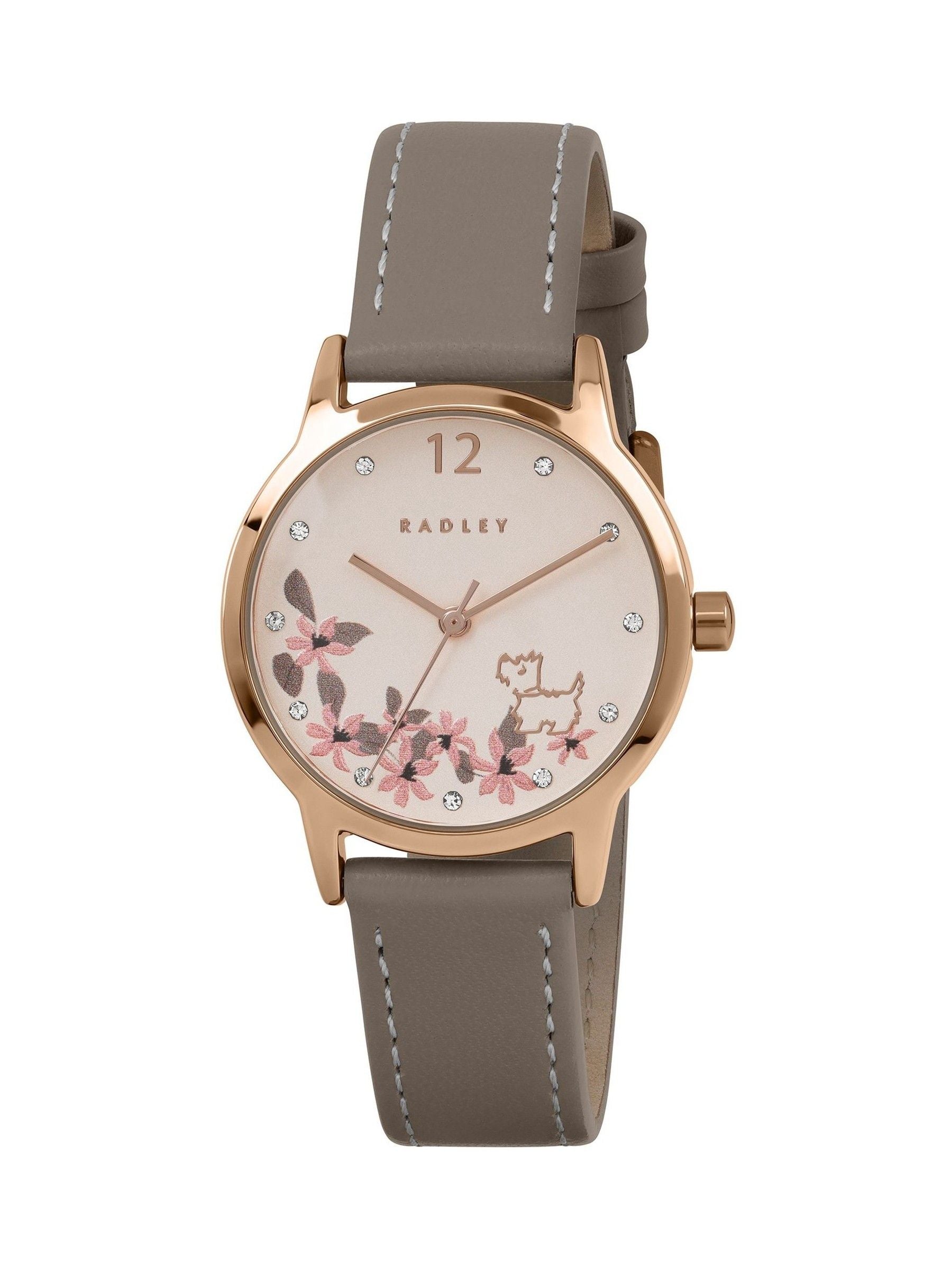 Radley rose gold floral dog dial coffee leather strap watch (British brand)