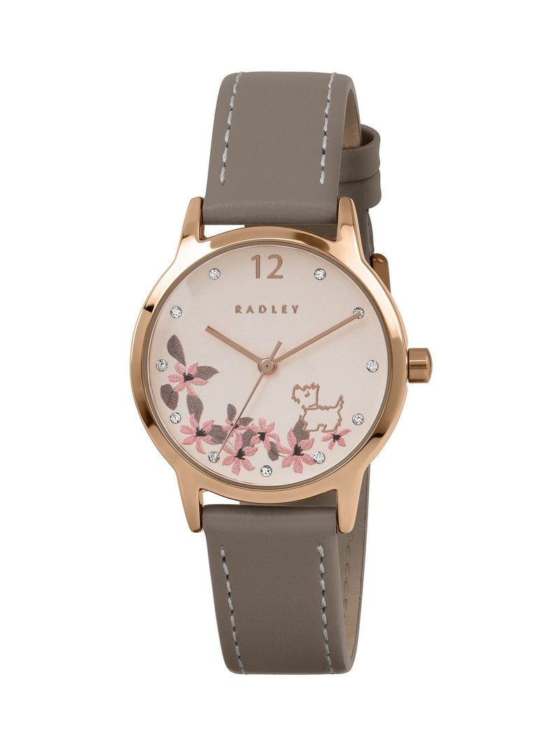Radley rose gold floral dog dial coffee leather strap watch (British brand)