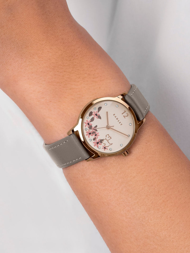 Radley rose gold floral dog dial coffee leather strap watch (British brand)