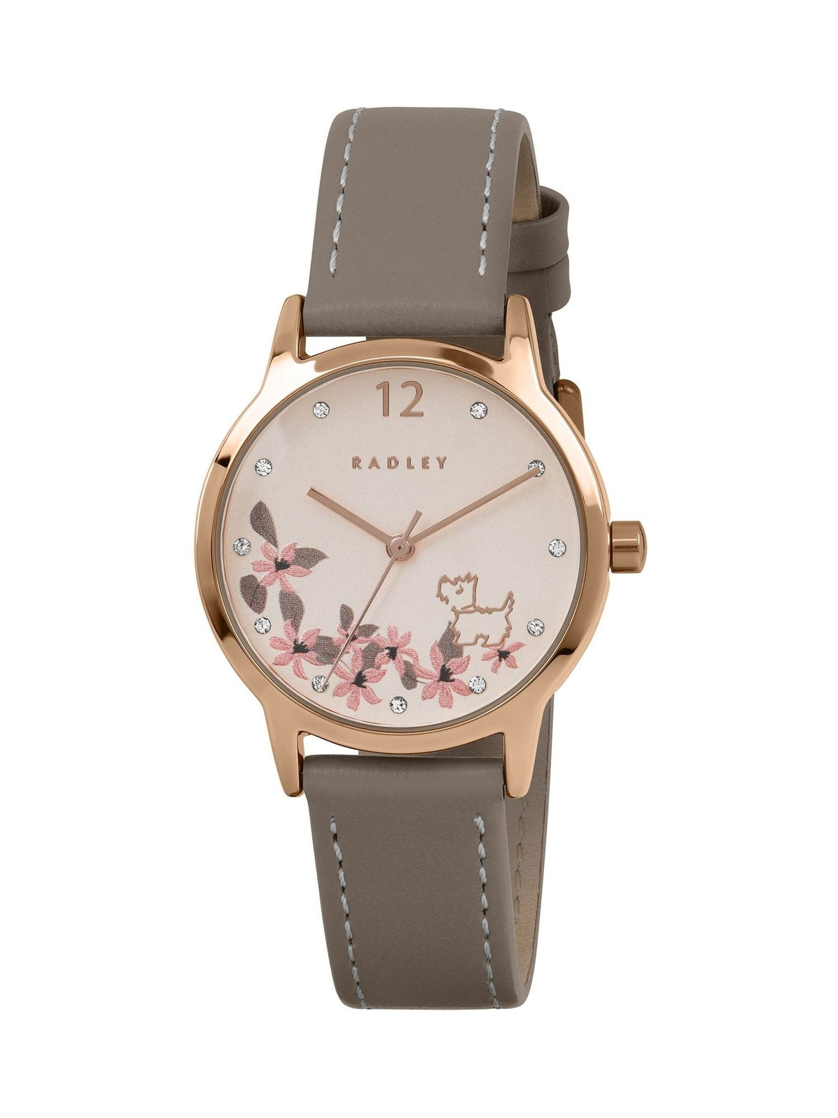 Radley rose gold floral dog dial coffee leather strap watch (British brand)