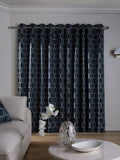 Navy blue geometric jacquard eyelet curtains (British brand)