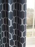 Navy blue geometric jacquard eyelet curtains (British brand)