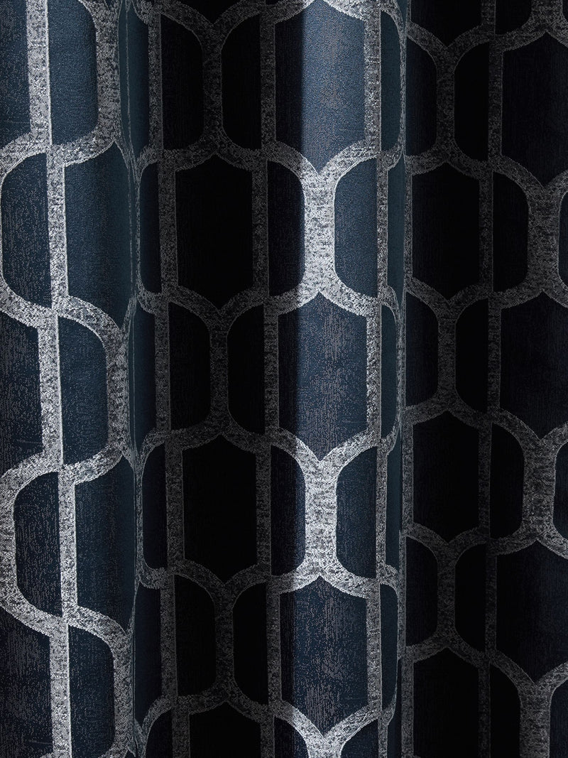 Navy blue geometric jacquard eyelet curtains (British brand)