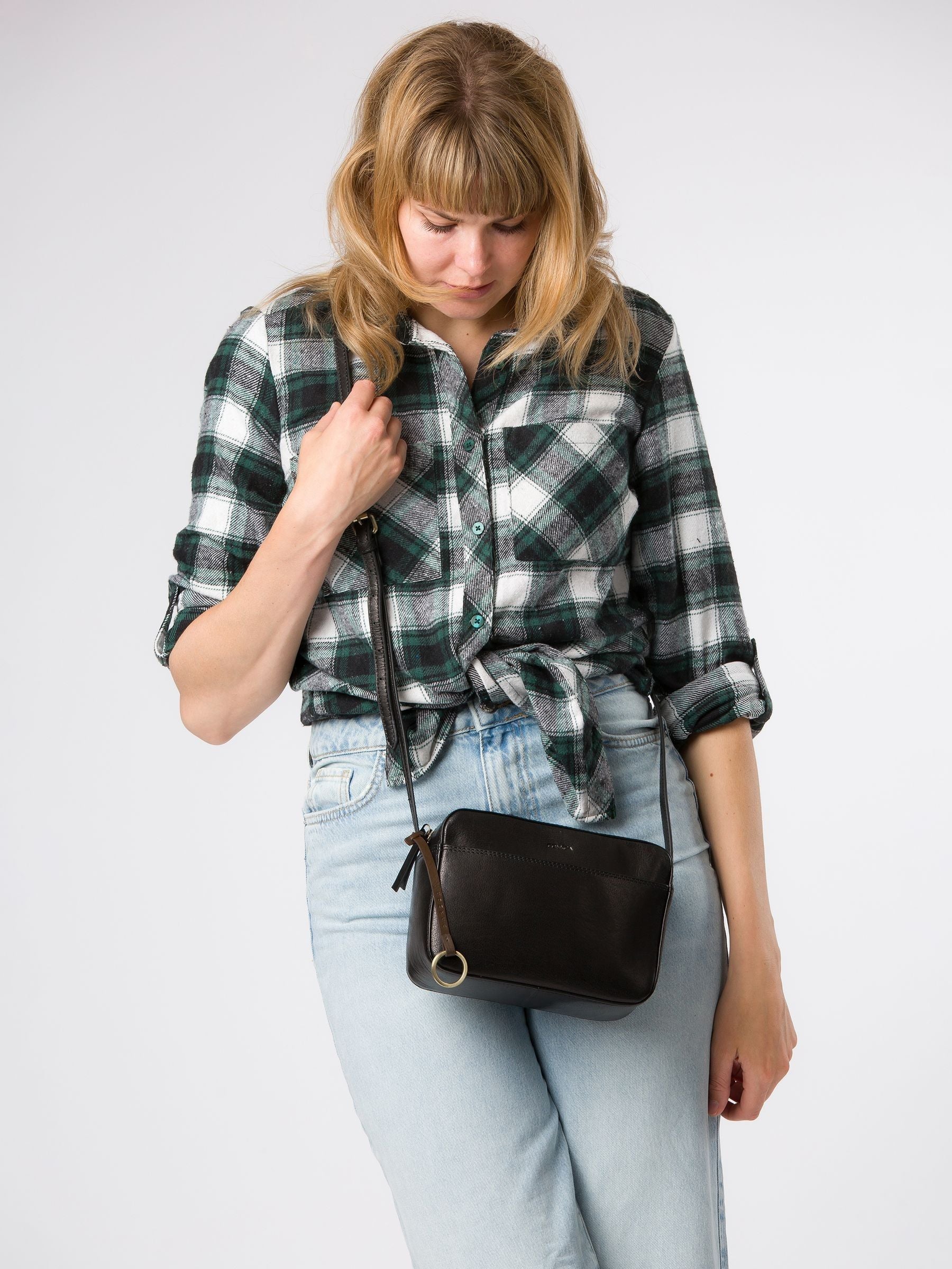 Conkca Black Dahlia leather cross-body bag, imported from the UK