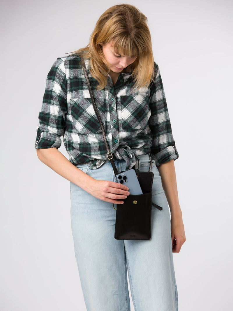 Conkca Seraphina black leather cross-body phone bag, imported from the UK