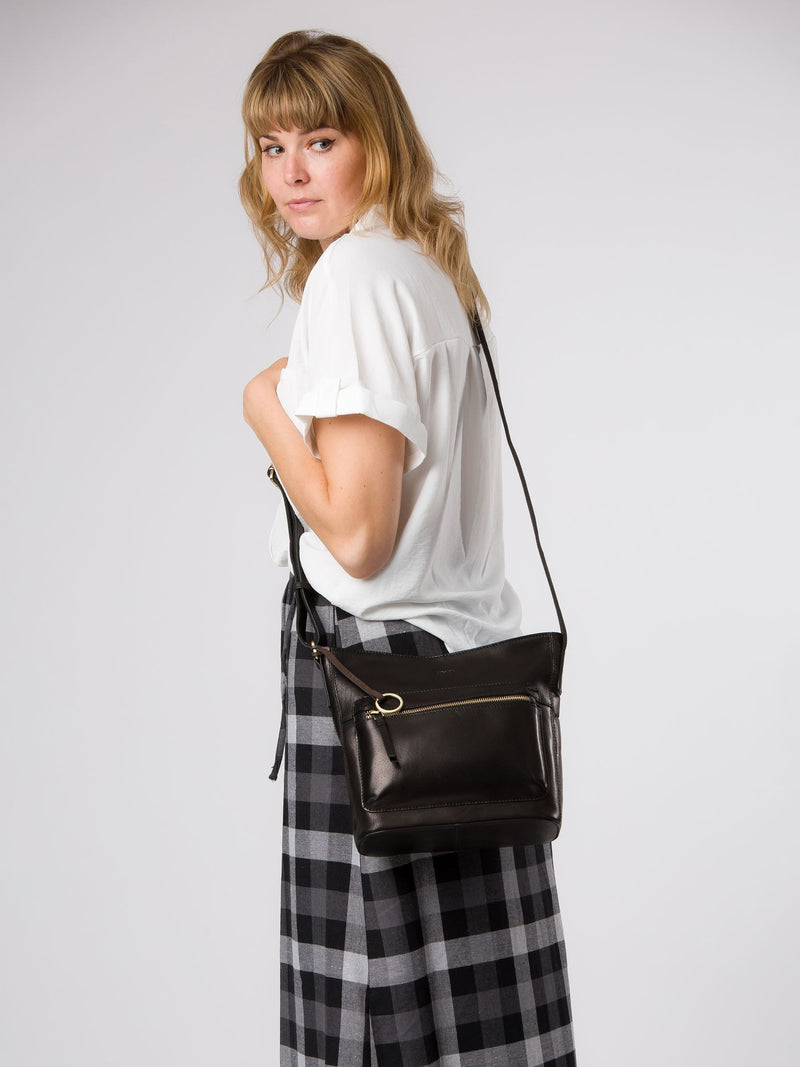 Conkca Black Zinnia Leather Cross-Body Bag