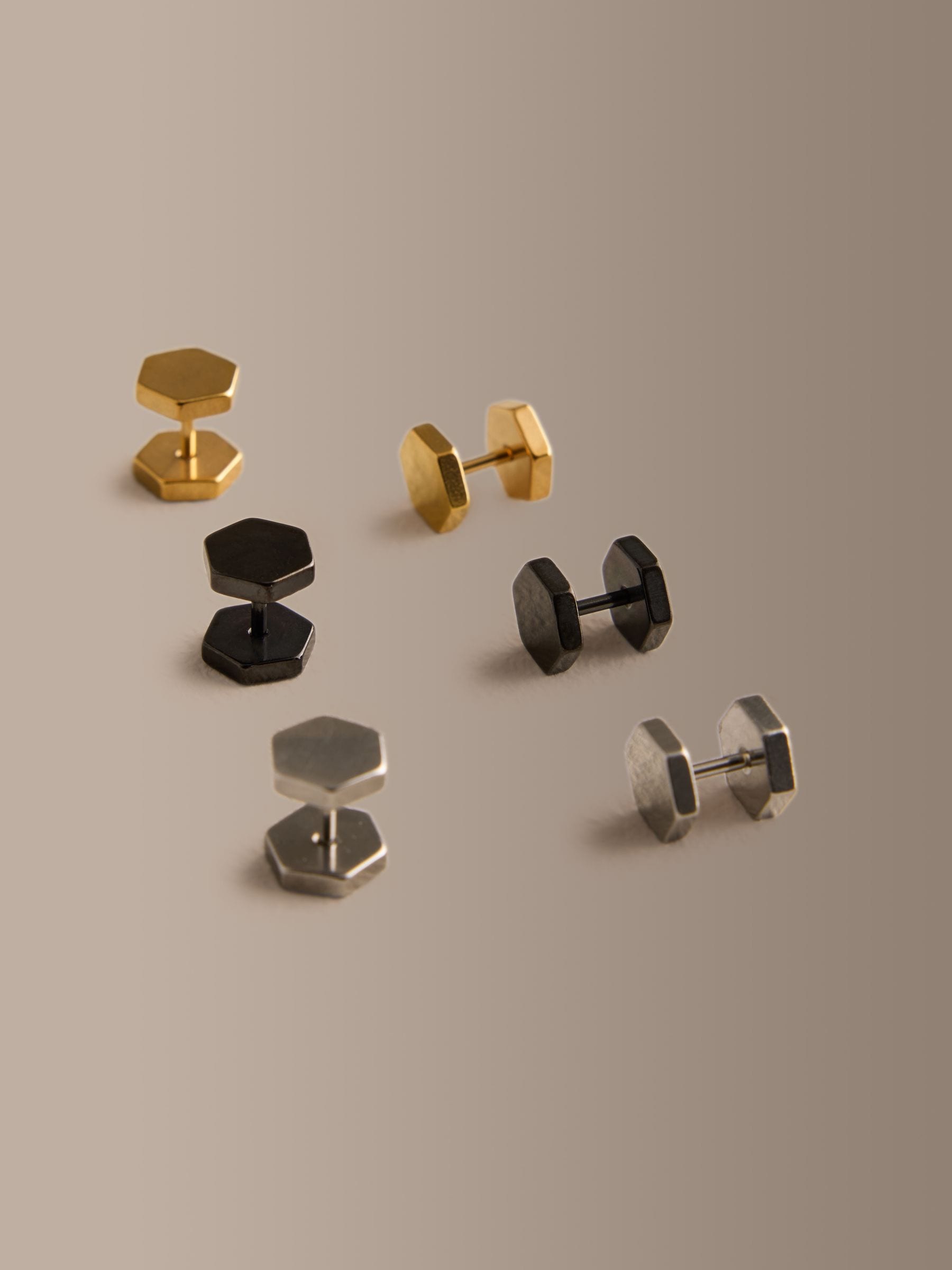 Gold tone stainless steel hexagon stud earrings pack, UK version