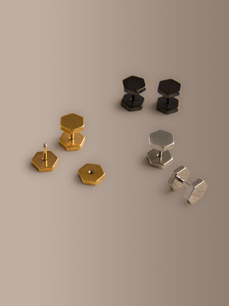 Gold tone stainless steel hexagon stud earrings pack, UK version