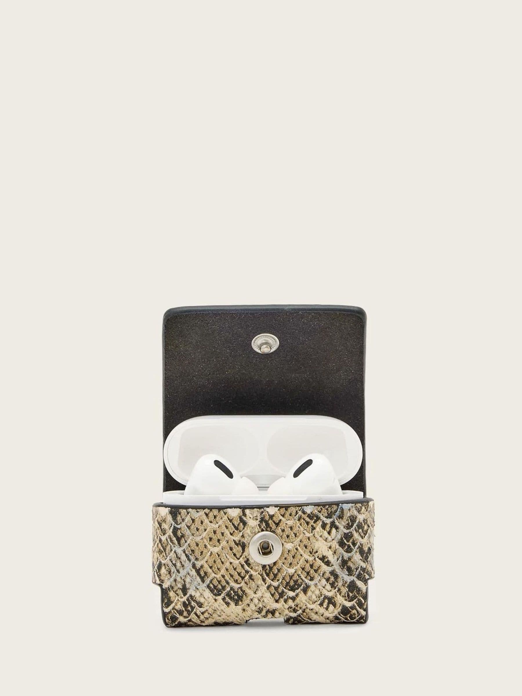 AllSaints white snake-print leather Airpod case (British brand)