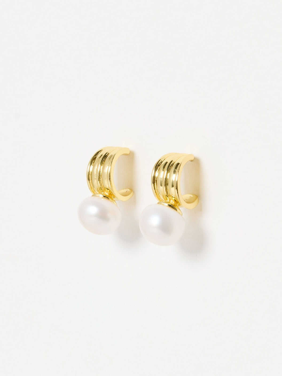 Wide Gold Plated Hoop Earrings with Ribbed Texture and Freshwater Pearl