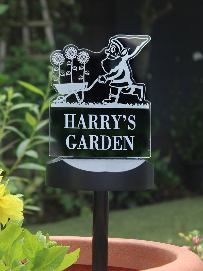 PMC personalised gnome solar light, imported from the UK