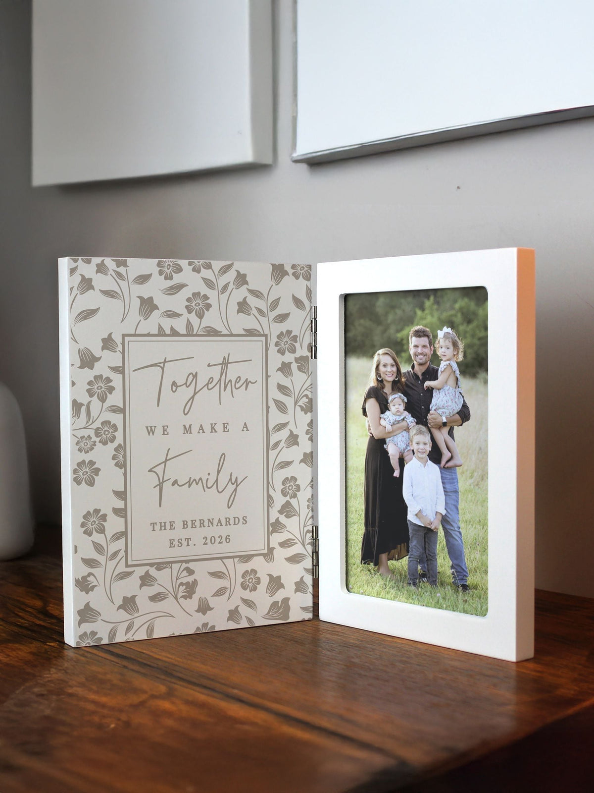 PMC personalised family wooden hinged 6x4 photo frame, imported from the UK