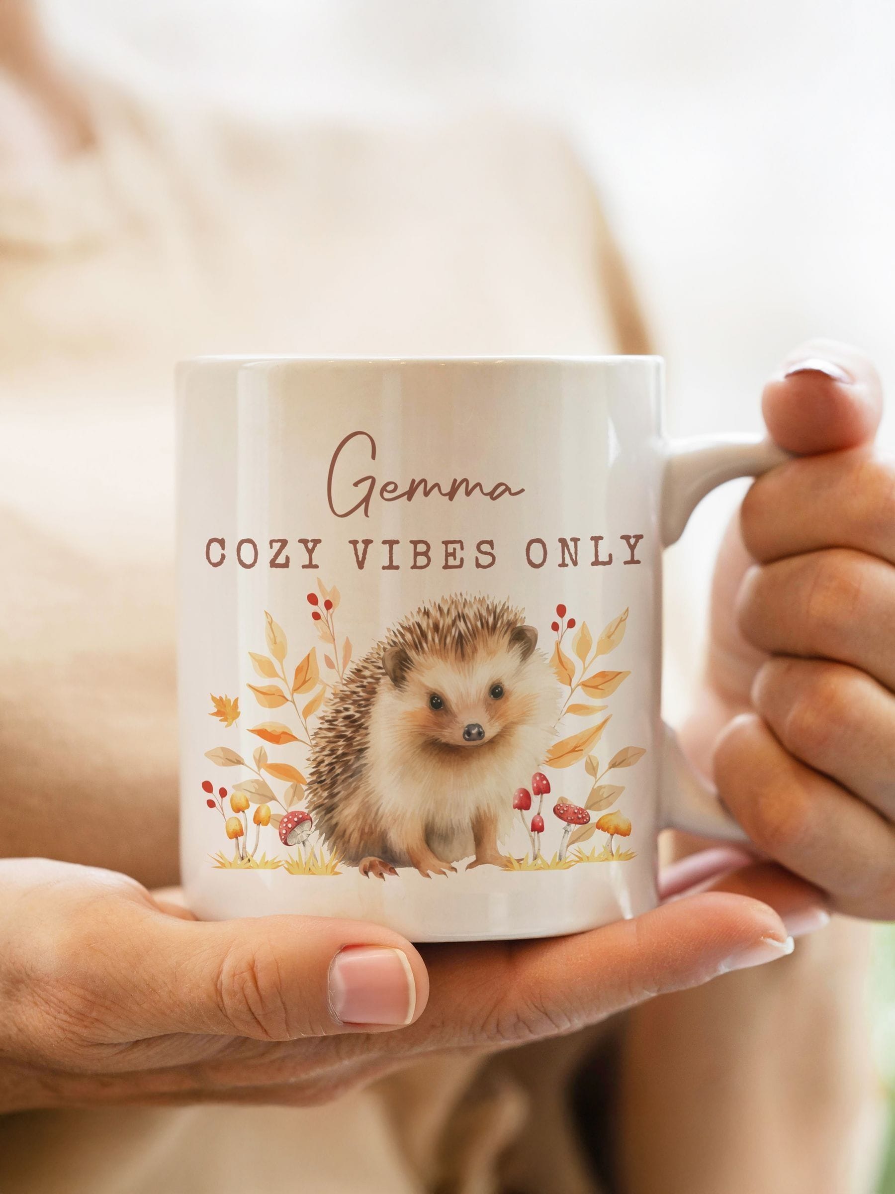 PMC personalised hedgehog mug custom text 11cm, imported from the UK