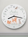 PMC personalised woodland animals nursery clock 25cm, imported from the UK
