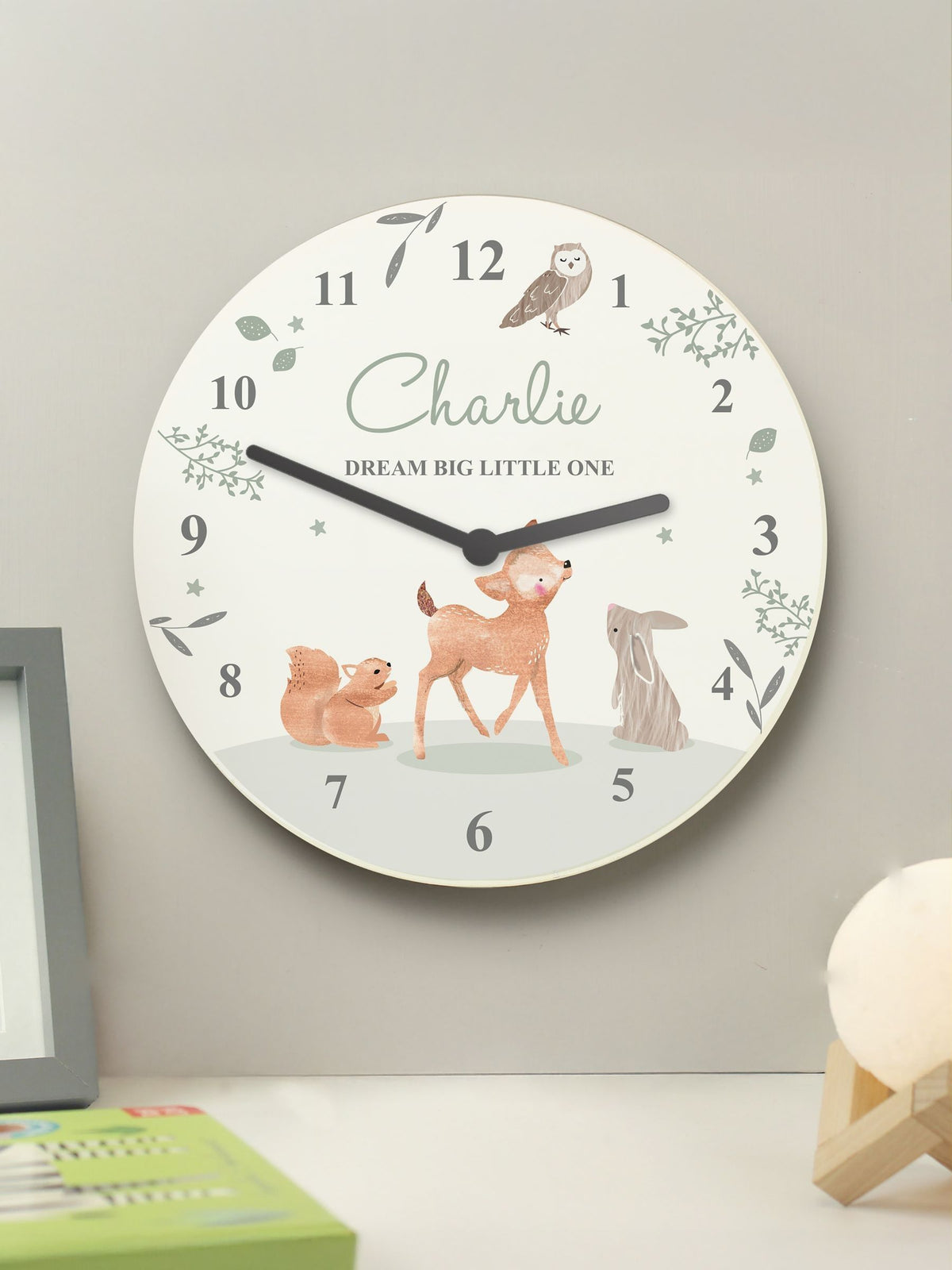 PMC personalised woodland animals nursery clock 25cm, imported from the UK