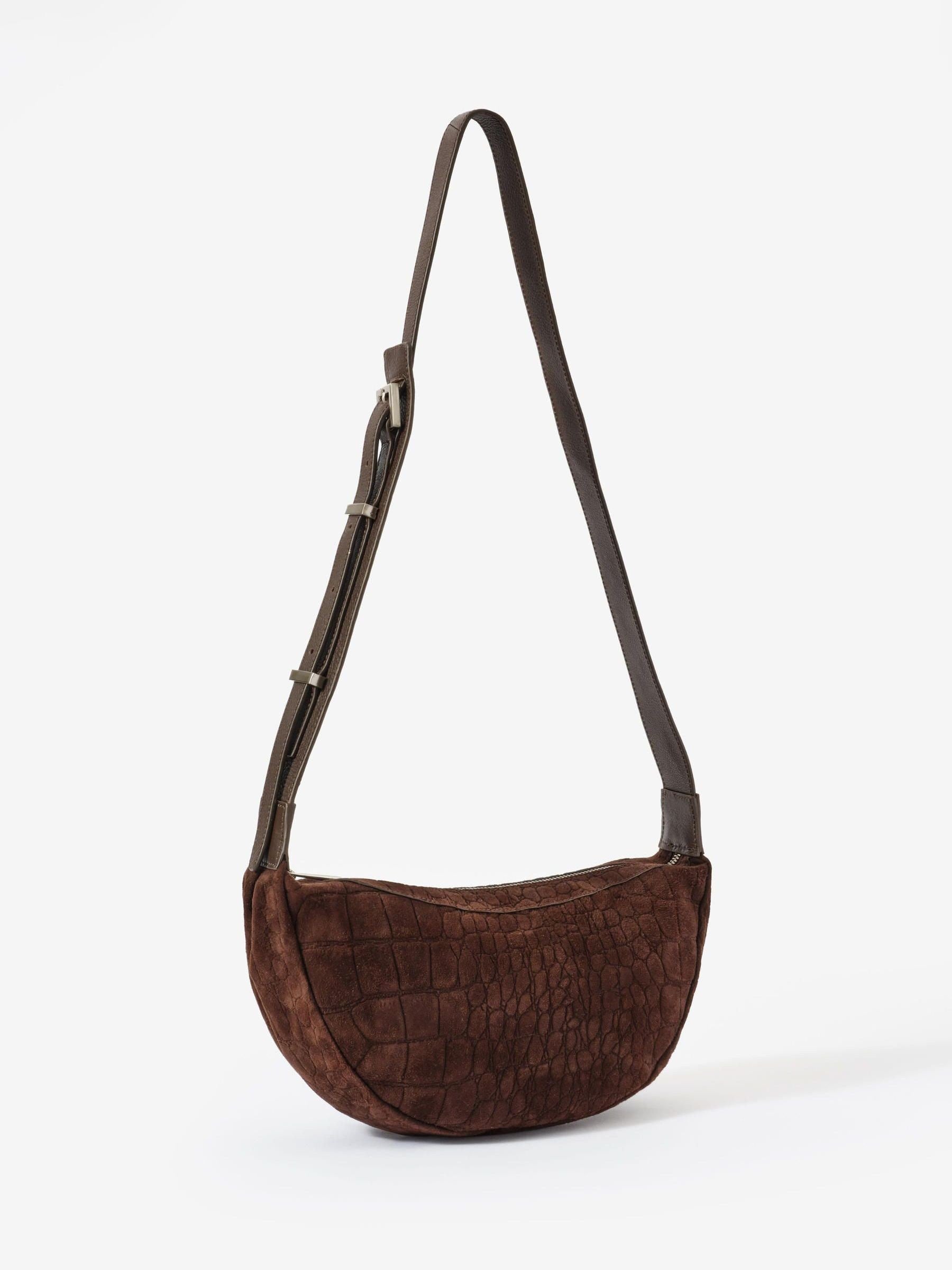 Mint Velvet Brown Dolly textured suede scoop sling bag, UK version