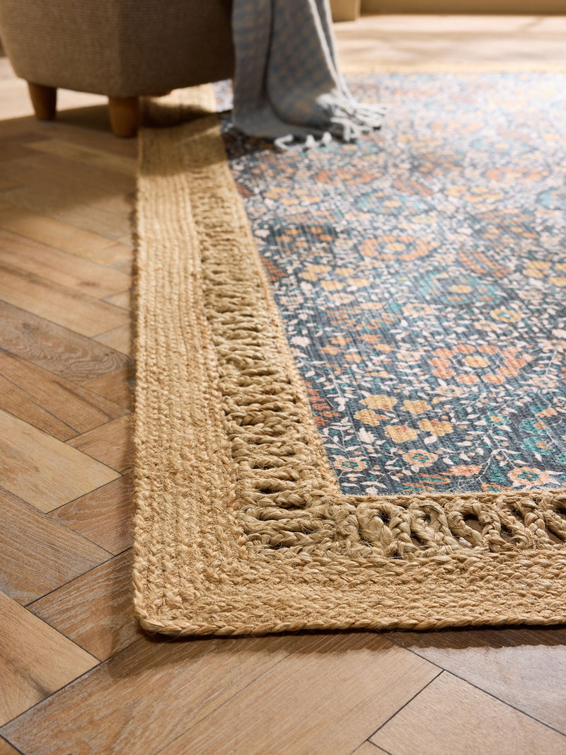 Blue floral jute border rug (British brand)