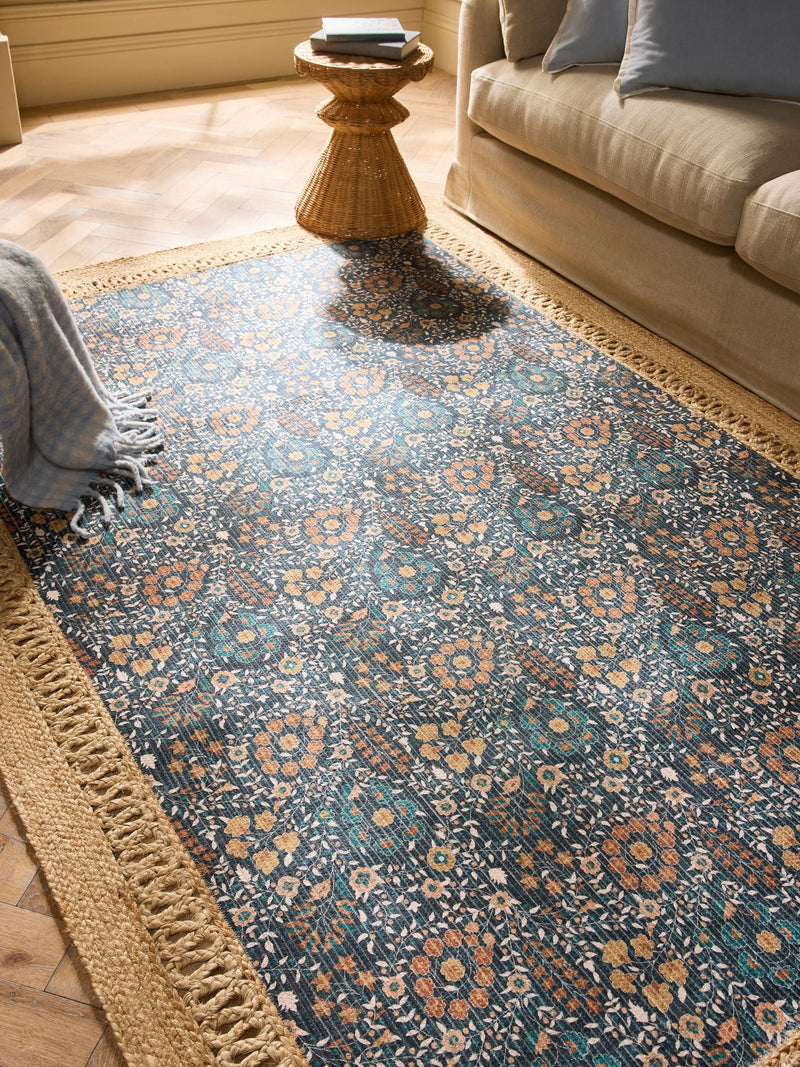 Blue floral jute border rug (British brand)
