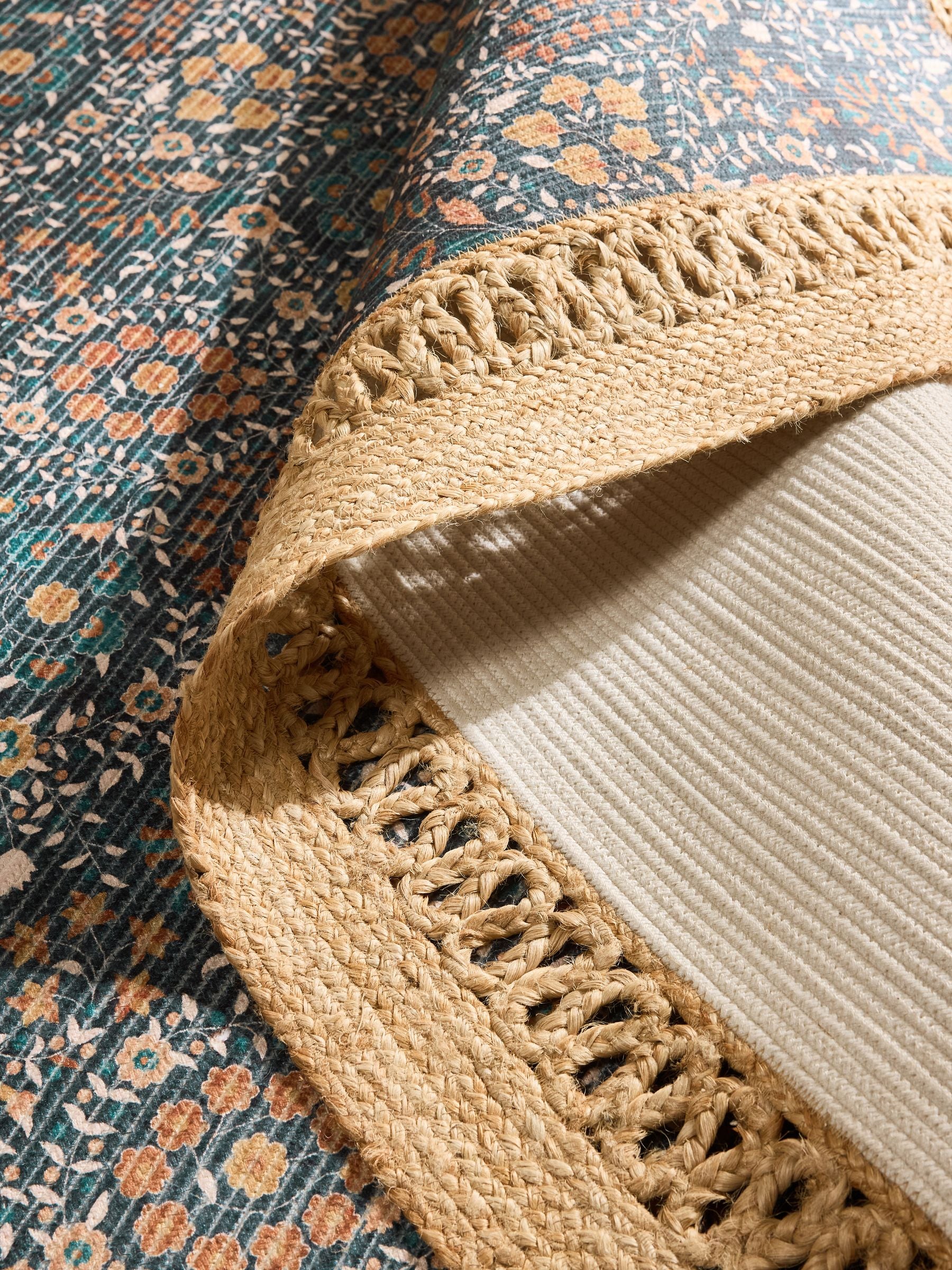 Blue floral jute border rug (British brand)