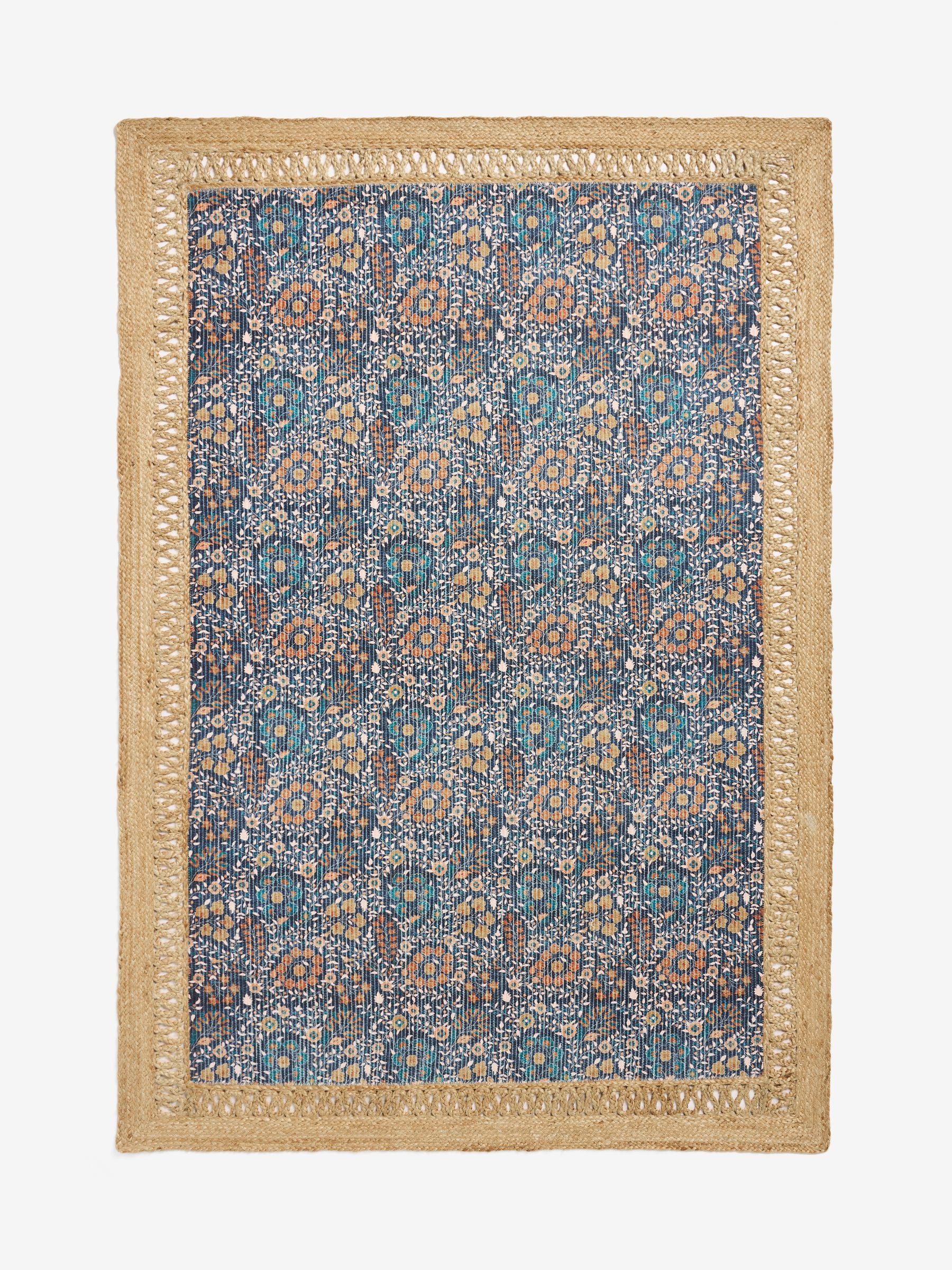 Blue floral jute border rug (British brand)