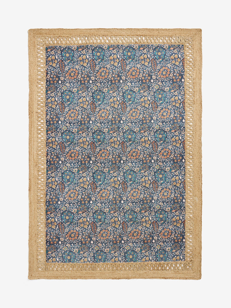 Blue floral jute border rug (British brand)
