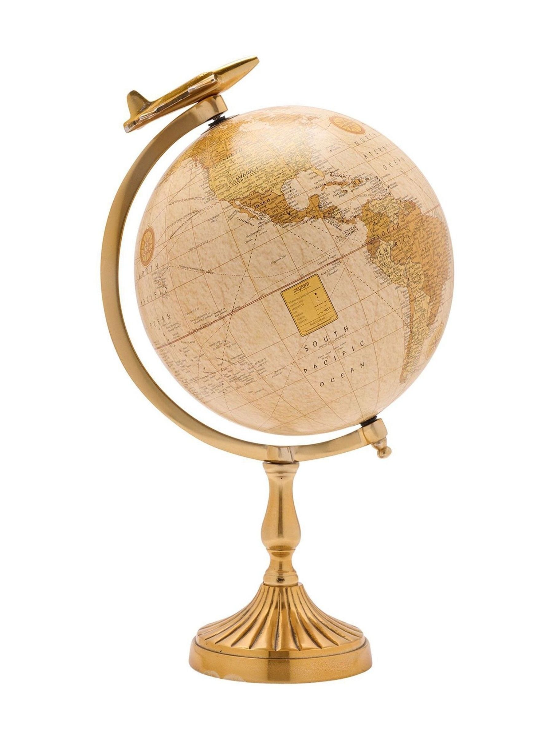 Harvey Makin decorative globe gold base aeroplane detail 37cm, UK version