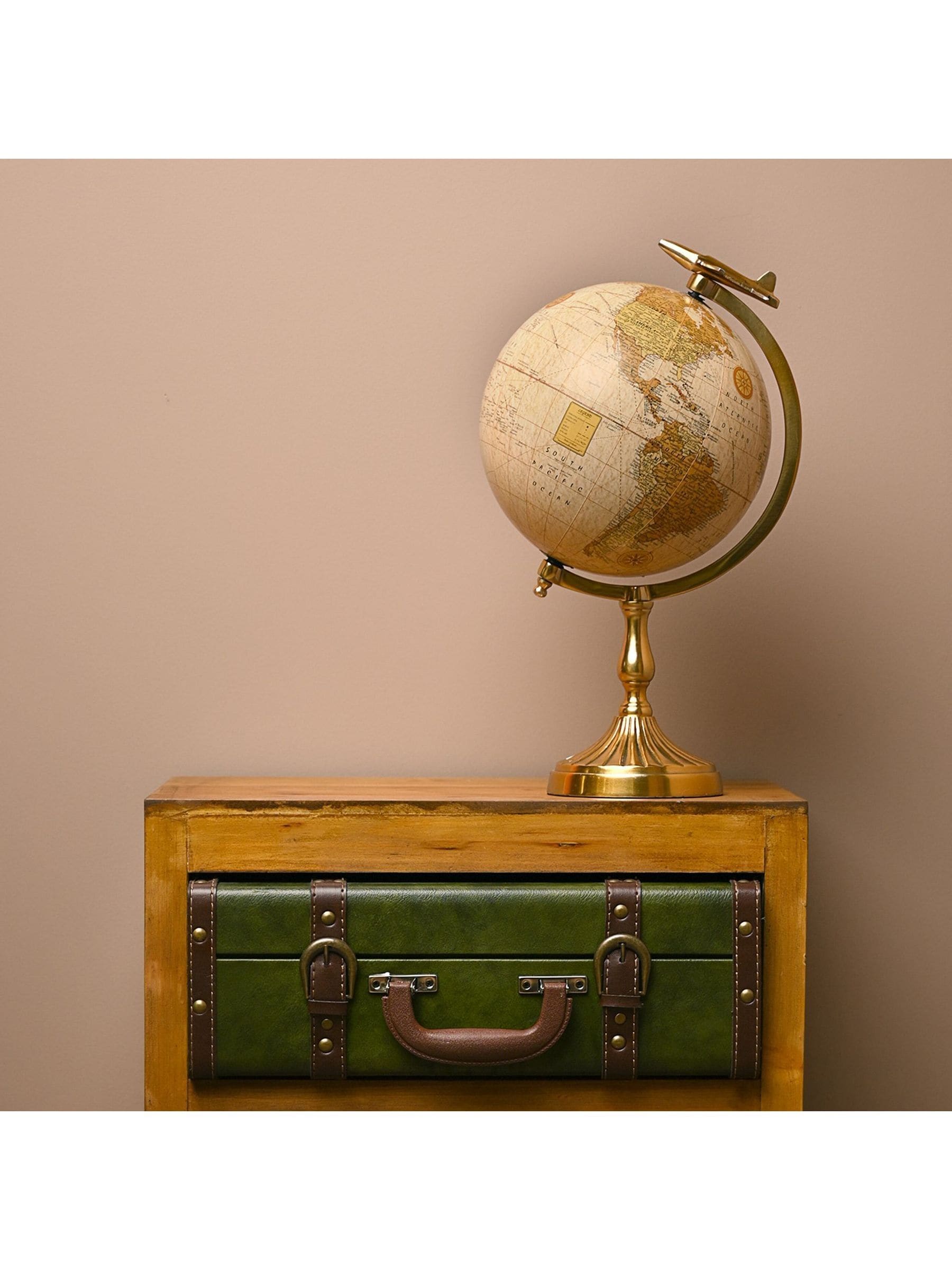 Harvey Makin decorative globe gold base aeroplane detail 37cm, UK version