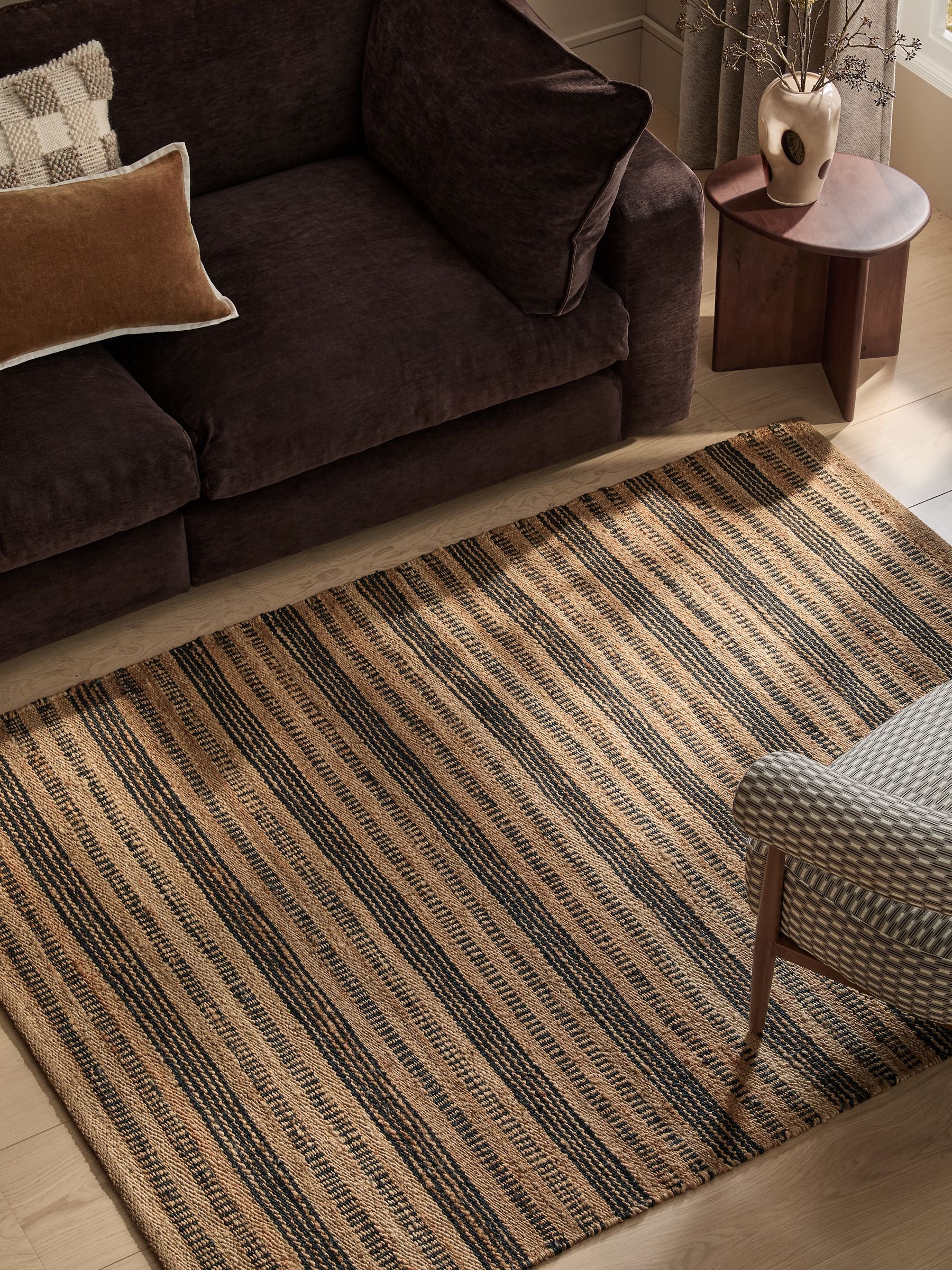 Natural stripe woven jute rug, imported from the UK