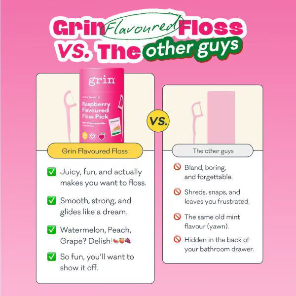 Grin floss picks Raspberry 80pk Canister, UK version
