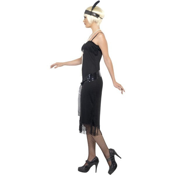 Smiffys flapper costume in black with dress, sash belt, and headpiece, UK version