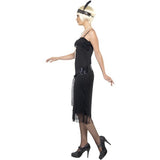 Smiffys flapper costume in black with dress, sash belt, and headpiece, UK version