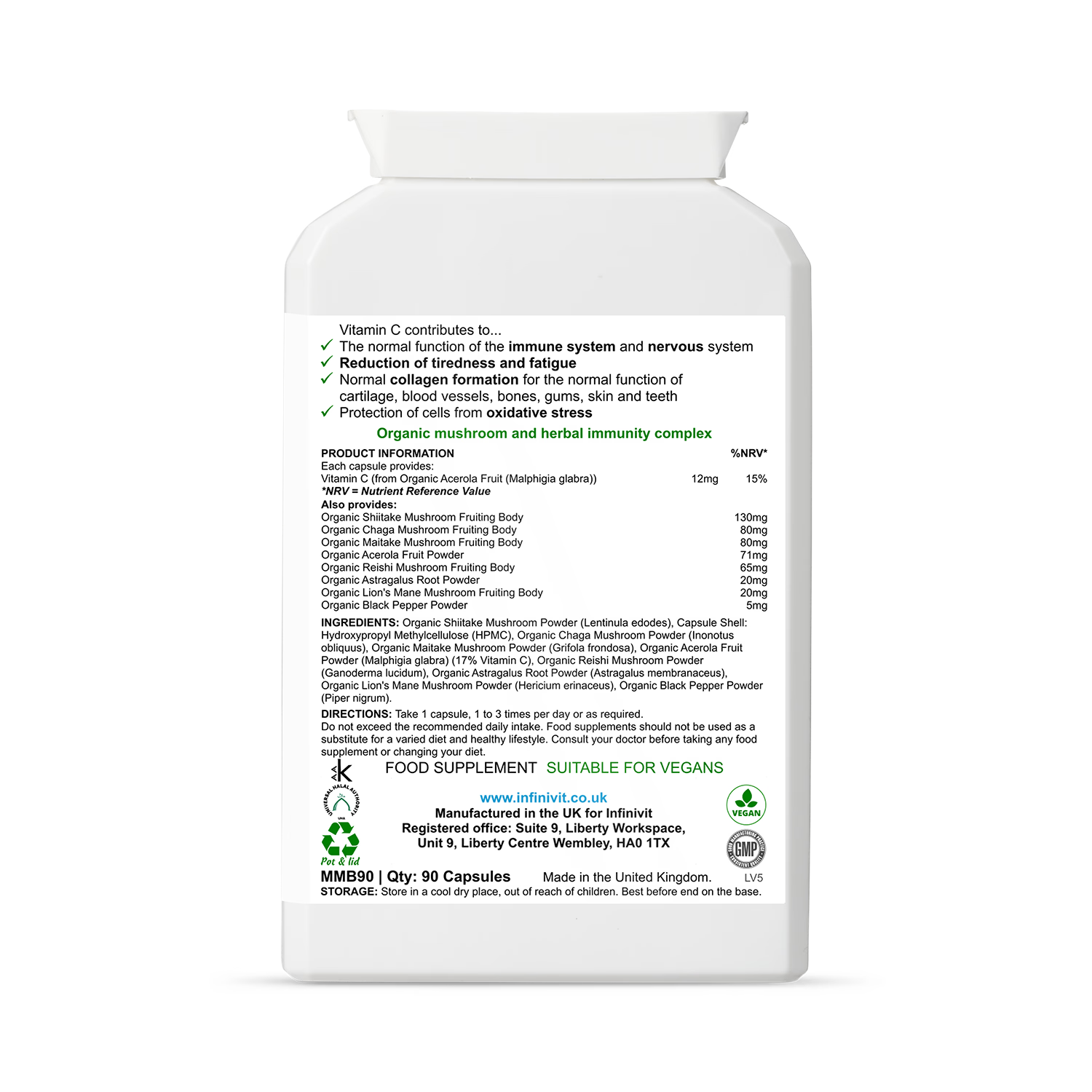 InfiniVit mushroom supplement Immuno Defence 90 capsules, imported from the UK