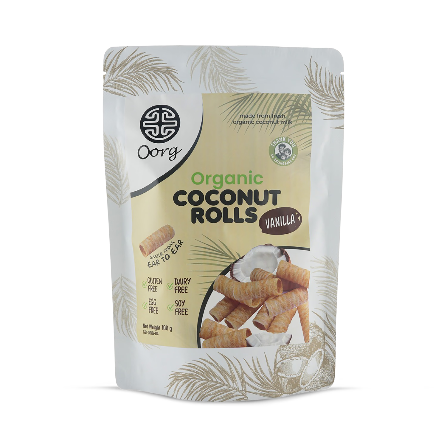 OORG organic coconut rolls vanilla 100g, imported from the UK
