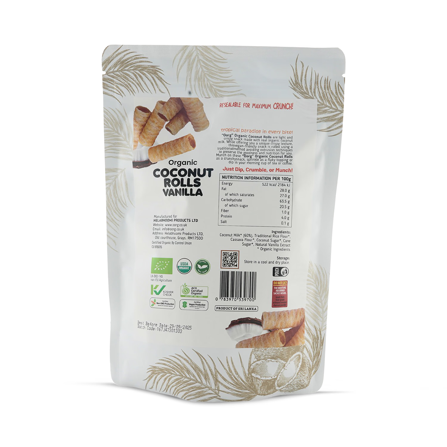 OORG organic coconut rolls vanilla 100g, imported from the UK